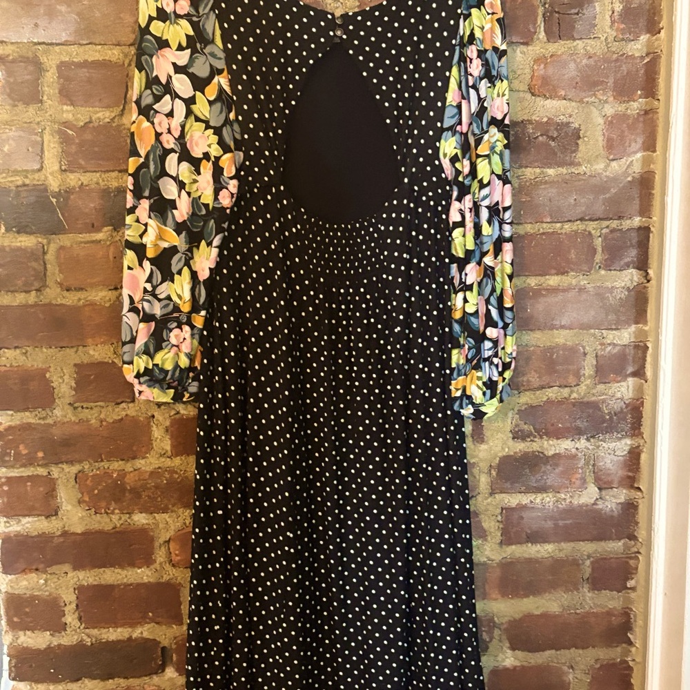 Maeve Black Polka Dot Dress with Floral Sleeves
